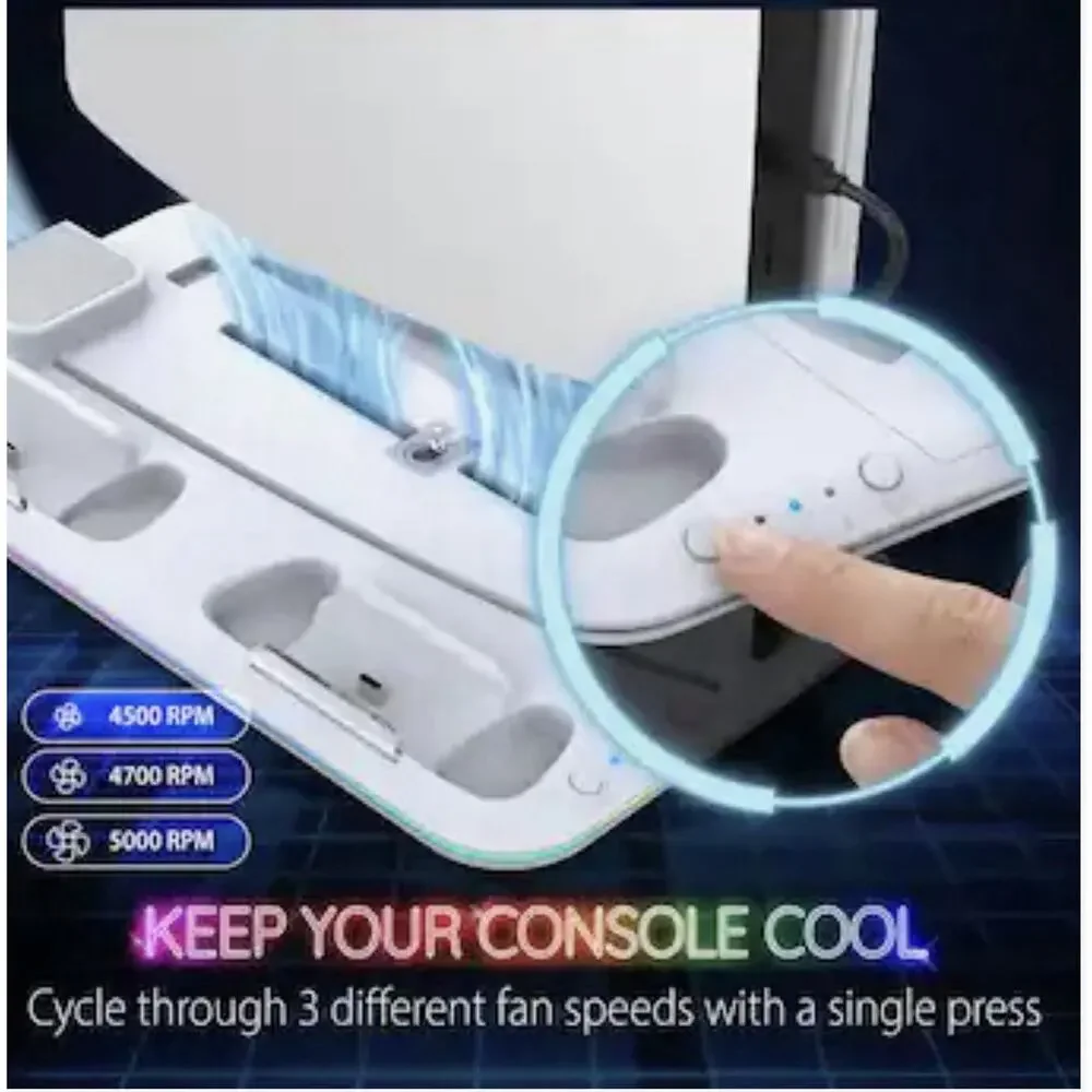 PS5/PS5 Slim/PS5 Pro Cooling Stand RGB Fan DualSense Charger Disc Storage